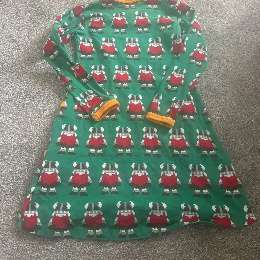 Maxomorra Green and Red Viking Print Dress Sz 110/116cm